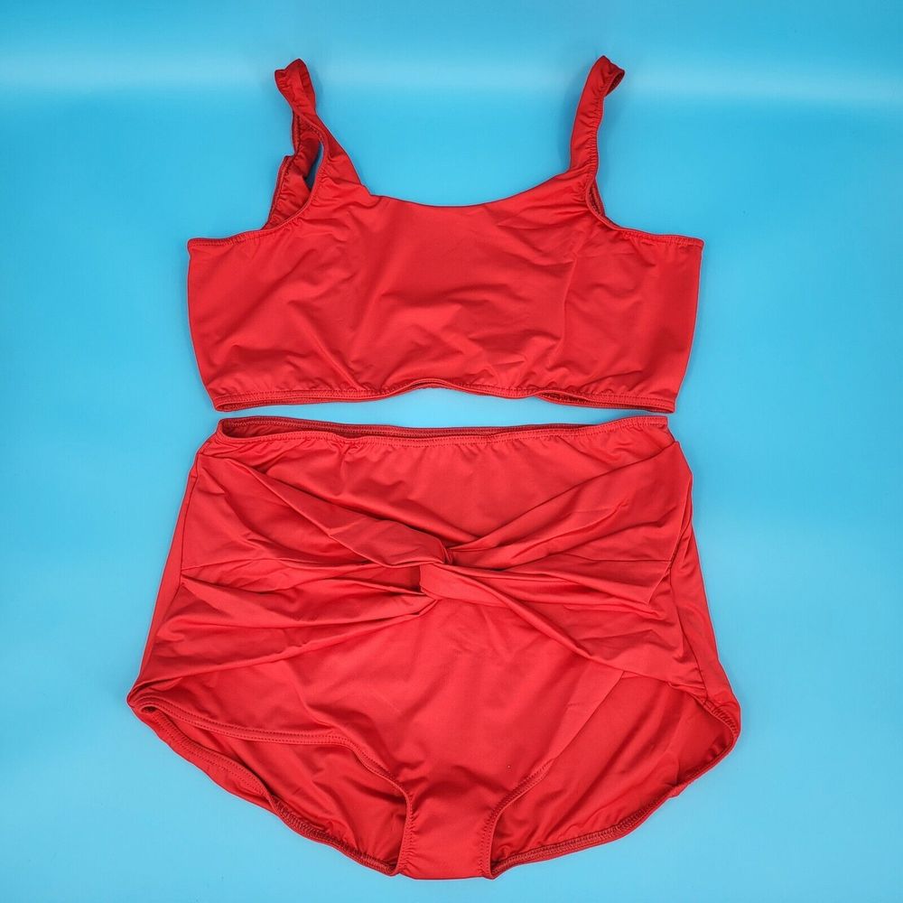 Two Piece Swimsuit High Waisted Bottoms Tube Top 2X (Size 20) Red Hackwith